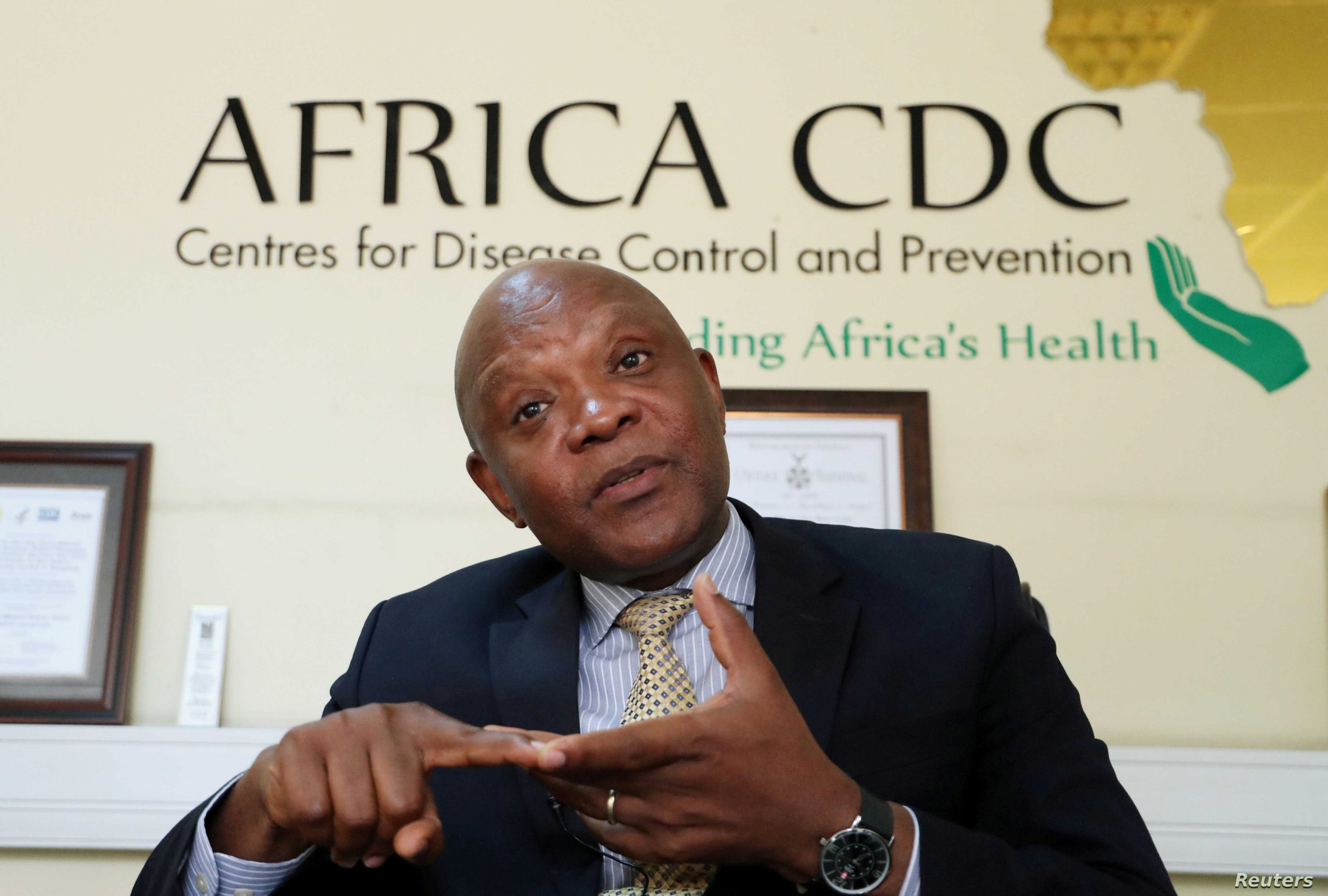 FILE PHOTO: John Nkengasong, Africa’s Director of the Centers for Disease Control, speaks during an interview with Reuters at the African Union Headquarters in Addis Ababa
